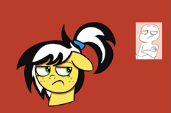 Size: 905x597 | Tagged: safe, artist:feralroku, derpibooru exclusive, imported from derpibooru, oc, oc only, oc:uppercute, pony, bust, expression, floppy ears, portrait, red background, simple background, solo, unamused