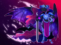 Size: 1280x941 | Tagged: safe, artist:earthsong9405, imported from derpibooru, nightmare moon, alicorn, anthro, unguligrade anthro, armor, ethereal mane, female, galaxy mane, helmet, hybrid wings, mare, solo, starry wings, sword, weapon, wing claws