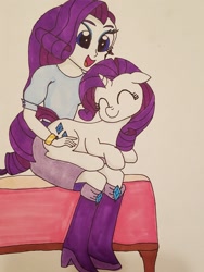 Size: 1512x2016 | Tagged: safe, artist:iffoundreturntorarity, imported from derpibooru, rarity, pony, equestria girls, bed, cute, duo, human ponidox, raribetes, self ponidox, traditional art