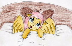 Size: 2301x1482 | Tagged: safe, artist:40kponyguy, derpibooru exclusive, imported from derpibooru, fluttershy, pegasus, pony, bed, cute, ear fluff, female, floppy ears, head tilt, looking up, open mouth, shyabetes, solo, spread wings, traditional art, wings