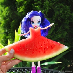 Size: 1080x1080 | Tagged: safe, imported from derpibooru, rarity, human, equestria girls, doll, food, irl, irl human, official, photo, solo, toy, watermelon