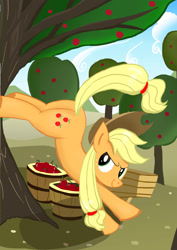 Size: 1768x2496 | Tagged: safe, artist:neoshrek, imported from derpibooru, applejack, pony, apple, apple tree, applebucking, applebutt, bucket, bucking, butt, female, food, pixiv, plot, solo, tree