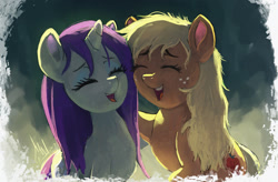 Size: 900x590 | Tagged: safe, artist:grissaecrim, artist:raikoh, imported from derpibooru, applejack, rarity, earth pony, pony, unicorn, eyes closed, female, friends, laughing, laughingmares.jpg, loose hair, mare, smiling, wet, wet mane, wet mane rarity