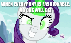 Size: 530x318 | Tagged: safe, edit, edited screencap, imported from derpibooru, screencap, rarity, pony, inspiration manifestation, all new, buddy pine, hub logo, image macro, inspirarity, meme, movie reference, possessed, solo, syndrome, text, the incredibles