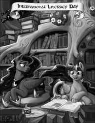 Size: 900x1165 | Tagged: safe, artist:amarynceus, imported from derpibooru, princess luna, twilight sparkle, alicorn, pony, book, bookhorse, cloven hooves, duo, female, golden oaks library, international literacy day, lesbian, literacy, mare, monochrome, pillow, reading, shipping, smiling, that pony sure does love books, twilight sparkle (alicorn), twiluna, uncial script, watermark