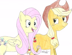 Size: 6101x4676 | Tagged: safe, artist:willtngl, imported from derpibooru, applejack, fluttershy, pony, absurd resolution, appleshy, female, lesbian, shipping, traditional art