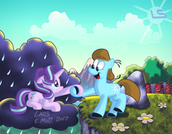 Size: 3549x2774 | Tagged: safe, artist:lars99, imported from derpibooru, starlight glimmer, oc, earth pony, pony, unicorn, cloud, crying, holding hooves, rain