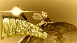 Size: 1280x720 | Tagged: safe, artist:dj-chopin, imported from derpibooru, applejack, pony, 3d, atomic bomb, autumn, bomb, crossover, dr. strangelove, fallout, female, flare, nuclear weapon, pipbuck, plane, postcard, solo, weapon