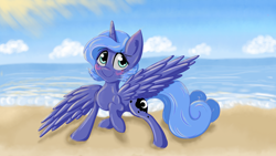 Size: 3000x1687 | Tagged: safe, artist:springveil, imported from derpibooru, princess luna, alicorn, pony, beach, blushing, female, s1 luna, solo