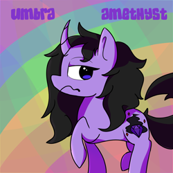 Size: 2500x2500 | Tagged: safe, artist:umbraamethyst, imported from derpibooru, oc, oc only, oc:umbra amethyst, pony, unicorn, curved horn, female, ponysona, solo