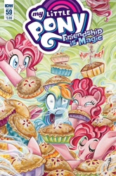 Size: 1054x1600 | Tagged: safe, artist:sararichard, idw, imported from derpibooru, pinkie pie, rainbow dash, pony, secrets and pies, spoiler:comic, spoiler:comic59, eat my pie, food, moar, multeity, pie, too much pink energy is dangerous