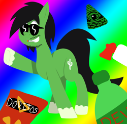 Size: 2216x2176 | Tagged: safe, artist:b-cacto, imported from derpibooru, oc, oc only, oc:cactus needles, pony, airhorn, blunt, chips, dank memes, doritos, drugs, food, illuminati, marijuana, meme, mlg, montage parody, mountain dew, rainbow, rainbow background, sunglasses, unshorn fetlocks