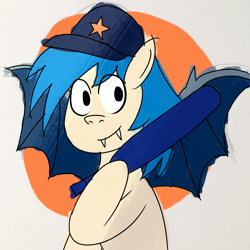 Size: 1000x1000 | Tagged: safe, artist:b-cacto, imported from derpibooru, oc, oc only, oc:moonshot, bat pony, pony, baseball bat, baseball cap, cap, hat, solo