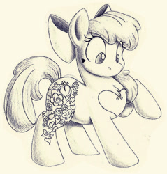 Size: 472x494 | Tagged: safe, artist:rannva, imported from derpibooru, apple bloom, earth pony, pony, apple bloom's bow, bow, chest fluff, cutie mark, female, filly, hair bow, heart, monochrome, raised hoof, simple background, solo, story, story:endless gifts, tattoo-like, traditional art