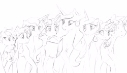 Size: 3500x2000 | Tagged: safe, artist:silfoe, imported from derpibooru, princess cadance, princess celestia, princess flurry heart, princess luna, twilight sparkle, oc, oc:eventide glisten, oc:twilight dapple, alicorn, pony, other royal book, black and white, grayscale, magic, magical lesbian spawn, monochrome, offspring, older, parent:princess luna, parent:twilight sparkle, parents:twiluna, simple background, sketch, telekinesis, twilight sparkle (alicorn), white background