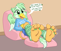 Size: 765x640 | Tagged: safe, artist:caroo, imported from derpibooru, oc, oc only, anthro, griffon, plantigrade anthro, 4 toes, feet, female, fetish, foot fetish, foot focus, soles, solo, this will end in tickles, toe ring, toe rings, toes