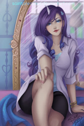 Size: 792x1188 | Tagged: safe, artist:saintprecious, imported from derpibooru, rarity, human, female, horned humanization, humanized, lipstick, looking at you, mirror, nail polish, reflection, solo