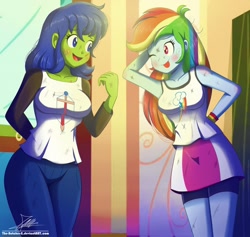 Size: 1796x1704 | Tagged: safe, artist:the-butch-x, imported from derpibooru, rainbow dash, oc, oc:rally flag, oc:sky pennant, equestria girls, blushing, clothes, compression shorts, duo, equestria guys, hand on hip, injured, male, messy, rule 63, smiling, tongue out