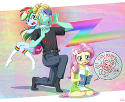 Size: 1200x986 | Tagged: safe, artist:uotapo, imported from derpibooru, fluttershy, rainbow dash, zephyr breeze, equestria girls, age swap, angry, belt, black socks, butt flap, chokehold, clothes, cross-popping veins, crying, diaper, equestria girls-ified, female, funny, funny as hell, imminent pain, infantilism, journal, karma, male, missing shoes, older, onesie, open mouth, pants, rko outta nowhere, role reversal, shirt, shorts, sibling rivalry, sketch, skirt, socks, tanktop, younger, zephabuse