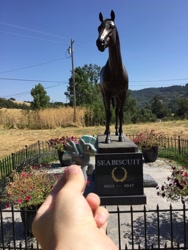 Size: 3264x2448 | Tagged: safe, imported from derpibooru, thunderlane, pony, horse-pony interaction, irl, irl horse, memorial, photo, ponies around the world, seabiscuit, statue, toy
