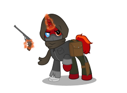 Size: 1575x1150 | Tagged: safe, artist:firefall-mlp, imported from derpibooru, oc, oc only, oc:firefall, pony, unicorn, clothes, crossover, fallout, gun, looking at you, magic, male, pants, raised hoof, saddle bag, simple background, solo, stallion, transparent background, weapon