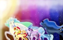 Size: 1418x909 | Tagged: safe, artist:razledazle, imported from derpibooru, princess celestia, princess luna, sunset shimmer, trixie, twilight sparkle, alicorn, pony, alicornified, race swap, shimmercorn, trixiecorn, twilight sparkle (alicorn)