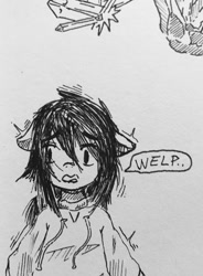 Size: 750x1018 | Tagged: safe, artist:a neet guy, imported from derpibooru, oc, oc only, oc:floor bored, earth pony, pony, /mlp/, 4chan, clothes, female, hoodie, mare, monochrome, solo, speech bubble, traditional art