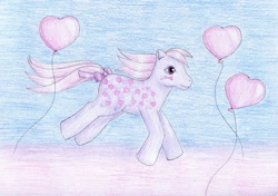 Size: 1024x719 | Tagged: safe, artist:normaleeinsane, imported from derpibooru, love melody (g1), pony, balloon, female, g1, love melody, solo, traditional art