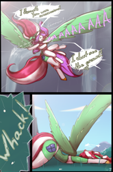 Size: 1265x1920 | Tagged: safe, artist:darkestmbongo, imported from derpibooru, oc, oc only, oc:d.d, unnamed oc, anthro, earth pony, pegasus, comic:ddthemaid memories, arm hooves, armpits, boob squish, bra, breast squish, breasts, circling stars, clothes, dialogue, face down ass up, faceplant, flashback, holding, panties, screaming, underwear, whack, wings