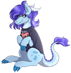 Size: 1606x1648 | Tagged: safe, artist:kikirdcz, imported from derpibooru, oc, oc only, oc:aquamarine, dracony, hybrid, clothes, female, hoers, shirt, simple background, sitting, solo, transparent background