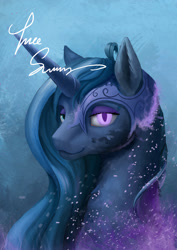 Size: 1181x1670 | Tagged: safe, artist:treesway, imported from derpibooru, nightmare moon, princess luna, alicorn, pony, armor, bust, digital art, duality, female, helmet, looking at you, magic, mare, portrait, solo, transformation