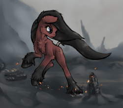 Size: 4000x3535 | Tagged: safe, artist:thelittlesnake, imported from derpibooru, oc, oc only, earth pony, pony, angry, ash, blue eyes, chest fluff, embers, female, fire, fluffy, long mane, mare, solo, tail wrap, unshorn fetlocks, volcano