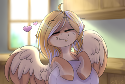 Size: 1024x683 | Tagged: safe, artist:starlyfly, artist:starlyflygallery, imported from derpibooru, oc, oc only, pegasus, pony, cute, dish, eating, female, heart, kitchen, mare, solo