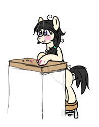 Size: 744x950 | Tagged: artist needed, safe, imported from derpibooru, oc, oc only, oc:floor bored, earth pony, pony, /mlp/, 4chan, bipedal, bipedal leaning, blushing, female, leaning, lipstick, mare, mirror, smiling, solo, stool