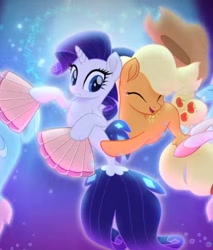 Size: 503x589 | Tagged: safe, imported from derpibooru, screencap, applejack, rarity, seapony (g4), my little pony: the movie, cropped, dancing, fan, hug, seaponified, seapony applejack, seapony rarity, species swap