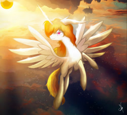 Size: 2354x2142 | Tagged: safe, artist:zidanemina, imported from derpibooru, oc, oc only, oc:infernia, alicorn, pony, alicorn oc, female, flying, horn, mare, smiling, solo