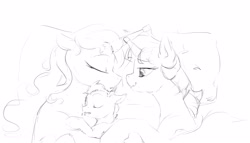 Size: 3500x2000 | Tagged: safe, artist:silfoe, imported from derpibooru, princess luna, twilight sparkle, twilight sparkle (alicorn), oc, oc:pterus, alicorn, bat pony, pony, other royal book, adopted offspring, black and white, cork, cute, female, grayscale, horn guard, lesbian, male, monochrome, mother and son, shipping, simple background, sketch, sleeping, twiluna, white background