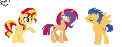 Size: 1426x560 | Tagged: safe, artist:pudimamassado321, imported from derpibooru, flash sentry, sunset shimmer, oc, pony, unicorn, female, flashimmer, male, offspring, parent:flash sentry, parent:sunset shimmer, parents:flashimmer, shipping, straight