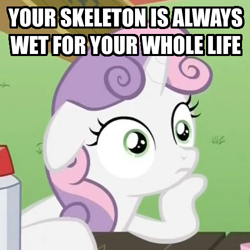 Size: 500x500 | Tagged: safe, imported from derpibooru, sweetie belle, pony, bone, exploitable meme, image macro, meme, obligatory pony, skeleton, sudden clarity sweetie belle