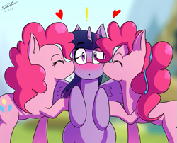 Size: 755x611 | Tagged: safe, artist:jase1505, imported from derpibooru, pinkie pie, twilight sparkle, alicorn, earth pony, pony, blank flank, blushing, cheek kiss, cute, duality, equestria girls ponified, female, kiss on the cheek, kiss sandwich, kissing, lesbian, polyamory, ponified, ponytail, ribbon, self ponidox, shipping, smooch, twiabetes, twilight sparkle (alicorn), twinkie