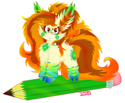 Size: 1024x849 | Tagged: safe, artist:vanillaswirl6, imported from derpibooru, oc, oc only, oc:historic shine, earth pony, pony, cheek fluff, chest fluff, chibi, ear fluff, female, fluffy, freckles, glasses, hoof fluff, mare, pencil, ponysona, ponytail, rainbow power, sharp teeth, shoulder fluff, shoulder freckles, solo, teeth, tiny ponies, tongue out