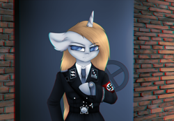 Size: 1024x717 | Tagged: safe, artist:einzie, deleted from derpibooru, imported from derpibooru, oc, oc only, oc:vicky turner, anthro, unicorn, aryan pony, brick wall, clock, clothes, female, floppy ears, impatient, nazi, necktie, schutzstaffel, swastika, uniform