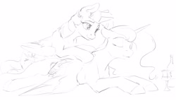 Size: 3500x2000 | Tagged: safe, artist:silfoe, imported from derpibooru, princess luna, twilight sparkle, alicorn, pony, other royal book, black and white, eyes closed, female, grayscale, lesbian, massage, monochrome, shipping, simple background, sketch, twilight sparkle (alicorn), twiluna, white background