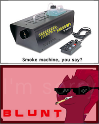 Size: 1071x1336 | Tagged: safe, imported from derpibooru, tempest shadow, pony, unicorn, my little pony: the movie, 420 blaze it, blunt, broken horn, dank memes, deal with it, emily blunt, eye scar, female, mare, meme, pun, scar, smoke machine, smoke weed erryday, smoke weed everyday, sunglasses, swag glasses, visual pun, voice actor joke, watermark