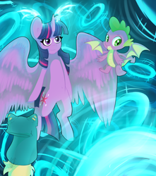 Size: 1024x1158 | Tagged: safe, artist:tigra0118, imported from derpibooru, spike, twilight sparkle, alicorn, dragon, pony, crossover, duo, female, flying, hilarious in hindsight, male, mare, older, older spike, portal, spread wings, twilight sparkle (alicorn), wakfu, winged spike, wings