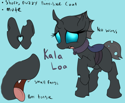 Size: 1198x984 | Tagged: safe, artist:datte-before-dawn, artist:dattebayo681, imported from derpibooru, oc, oc only, oc:kala'loa, changeling, changeling oc, collar, cuteling, eyelashes, fangs, female, heart, open mouth, reference sheet, short tail, solo, tongue out