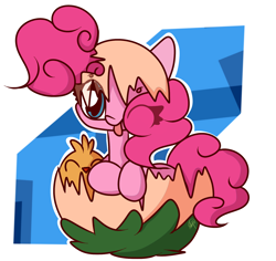 Size: 1800x1700 | Tagged: safe, artist:hedgehog-plant, imported from derpibooru, pinkie pie, bird, earth pony, pony, abstract background, egg, female, mare, one eye closed, solo, tongue out, wink
