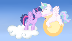 Size: 7000x4000 | Tagged: safe, artist:lightzgc, imported from derpibooru, princess celestia, twilight sparkle, alicorn, pony, blushing, boop, cloud, cute, eyes closed, female, gradient background, lesbian, mare, missing cutie mark, prone, shipping, sky, spread wings, sun, tangible heavenly object, twilestia, twilight sparkle (alicorn), wings