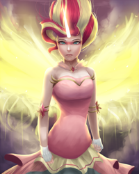 Size: 800x1000 | Tagged: safe, artist:vanillaghosties, imported from derpibooru, sunset shimmer, human, artificial wings, augmented, breasts, clothes, daydream shimmer, dress, female, fingerless gloves, gloves, humanized, magic, magic wings, solo, wings