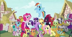 Size: 910x465 | Tagged: safe, edit, edited screencap, imported from derpibooru, screencap, apple bloom, applejack, big macintosh, carrot cake, cup cake, fluttershy, granny smith, mayor mare, photo finish, pinkie pie, rainbow dash, rarity, scootaloo, snails, snips, spike, sweetie belle, tempest shadow, twilight sparkle, zecora, alicorn, dragon, earth pony, pegasus, pony, unicorn, zebra, my little pony: the movie, /mlp/, alternate timeline, broken horn, camera, cutie mark crusaders, discovery family logo, eye scar, female, good end, horn, improved, mane six, mare, opening, pretty pretty tempest, scar, twilight sparkle (alicorn)